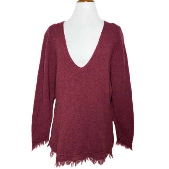 SOLD-Free People Fringe Hem Cranberry Raglan Crochet Knit Pullover Wool Sweater - Picture 2 of 9